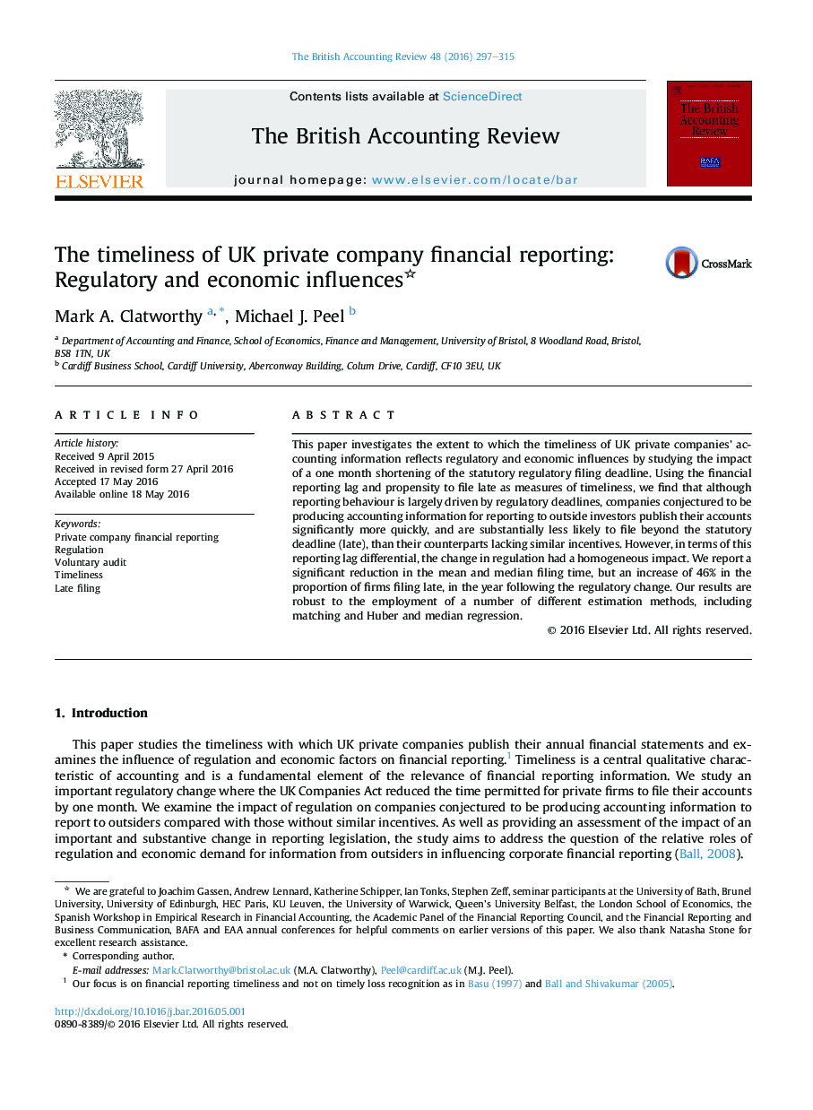 The timeliness of UK private company financial reporting: Regulatory and economic influences 