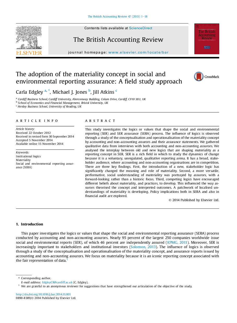 The adoption of the materiality concept in social and environmental reporting assurance: A field study approach