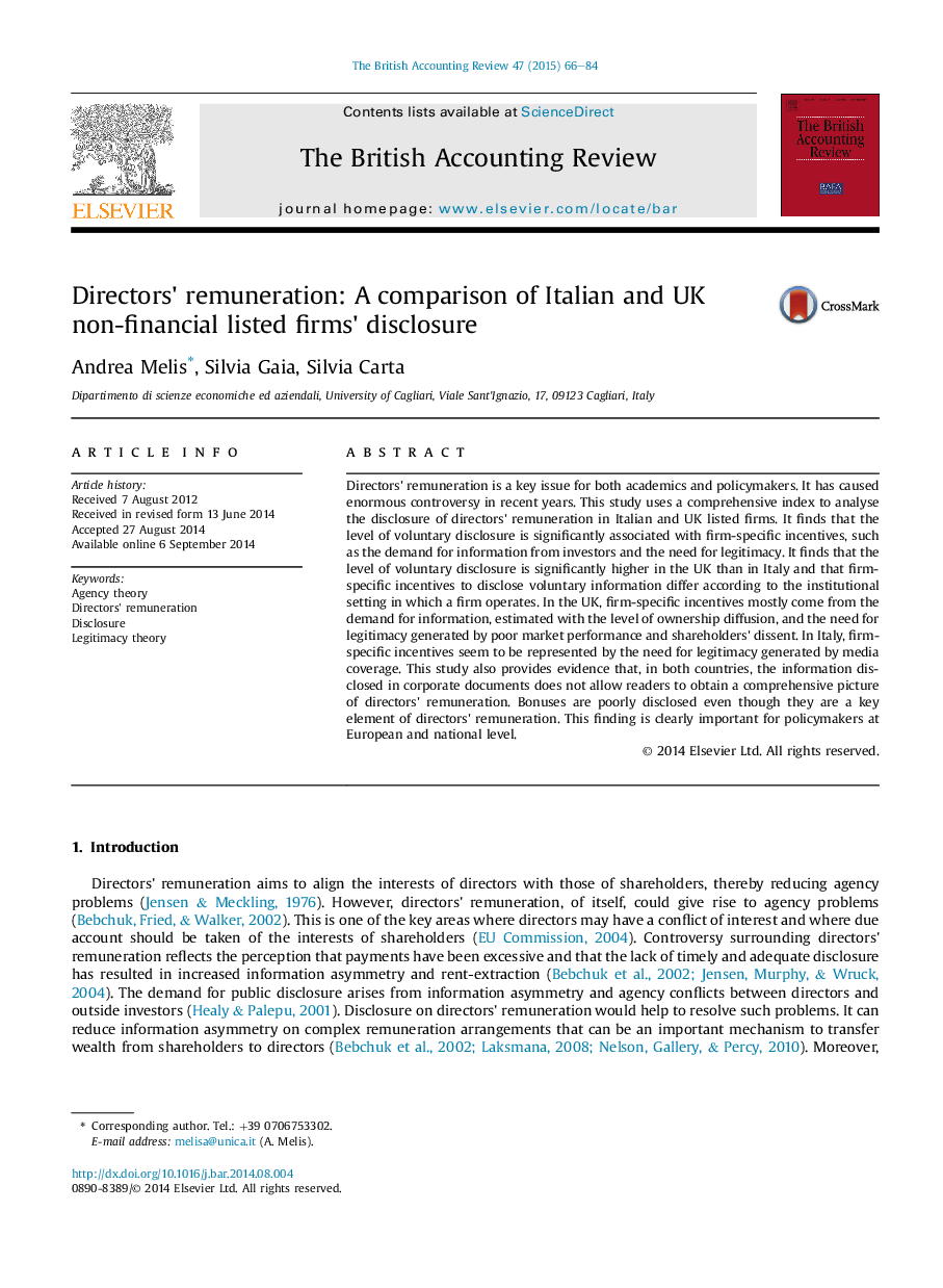 Directors' remuneration: A comparison of Italian and UK non-financial listed firms' disclosure