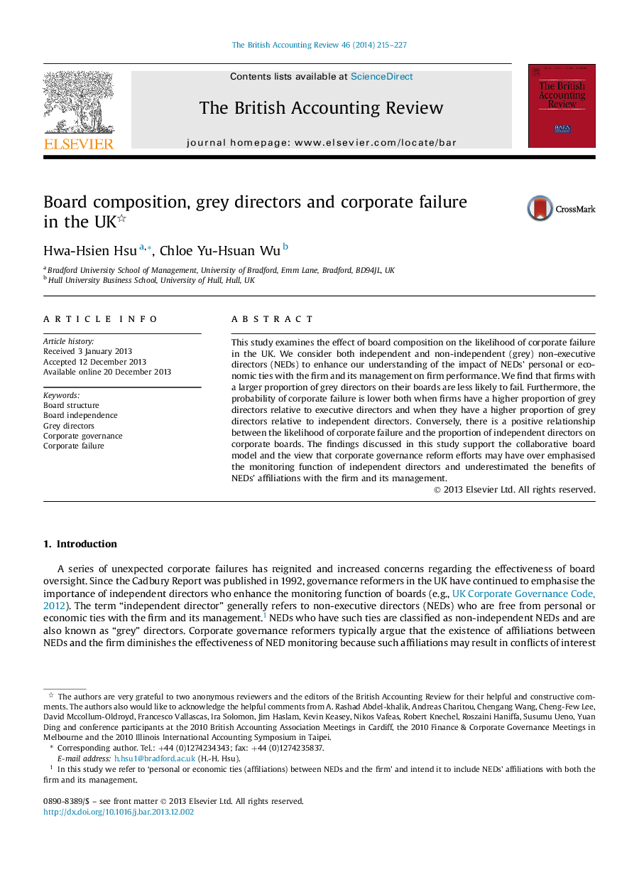 Board composition, grey directors and corporate failure in the UK 
