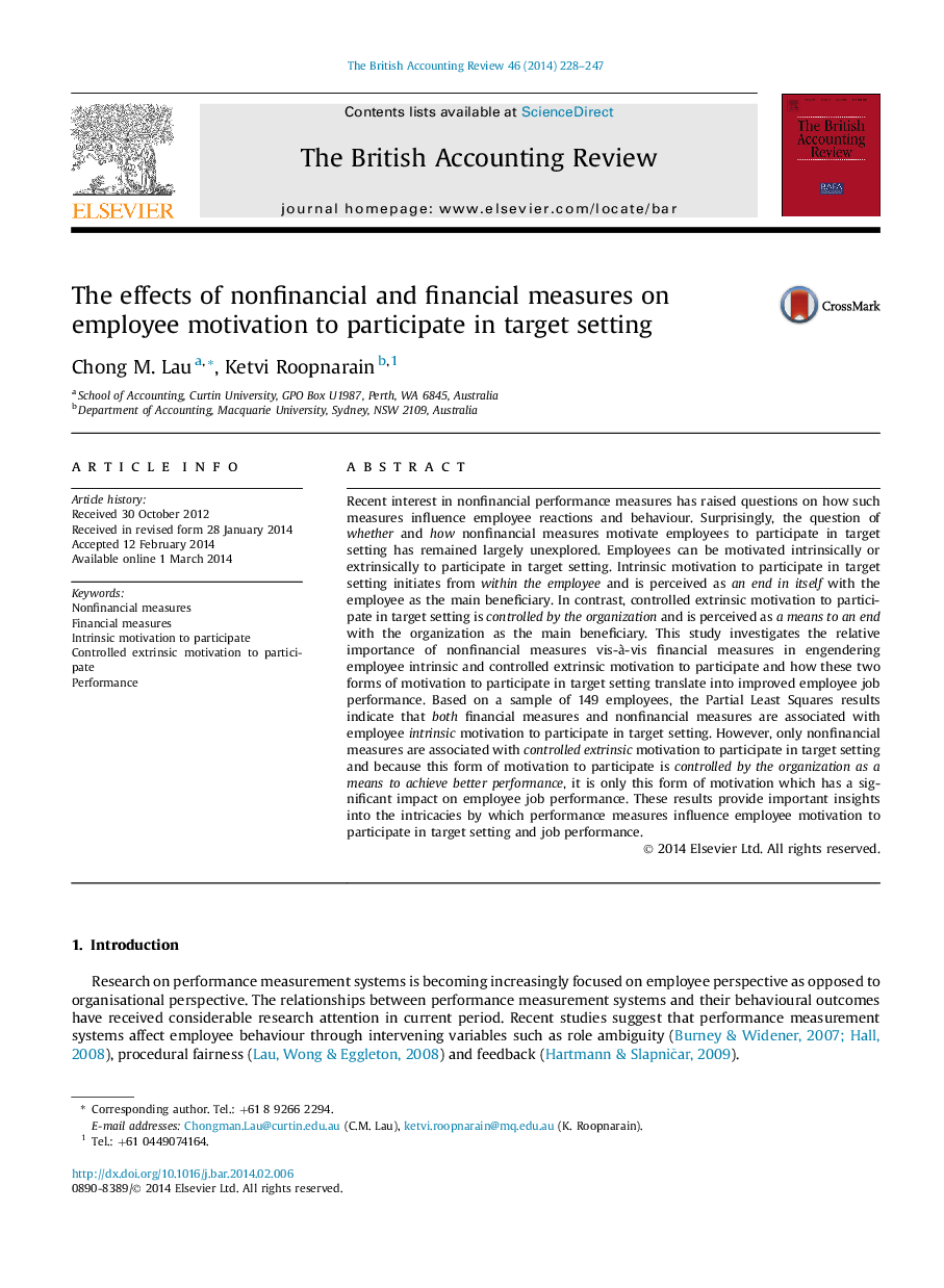 The effects of nonfinancial and financial measures on employee motivation to participate in target setting