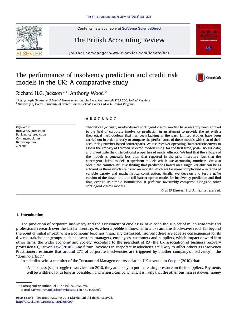 The performance of insolvency prediction and credit risk models in the UK: A comparative study