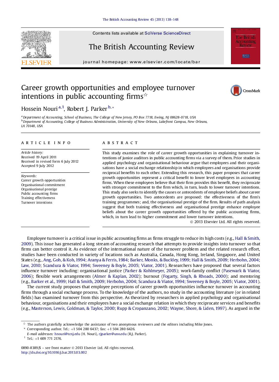 Career growth opportunities and employee turnover intentions in public accounting firms 