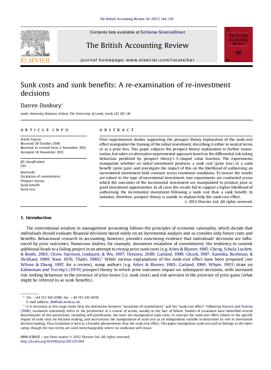 Sunk costs and sunk benefits: A re-examination of re-investment decisions