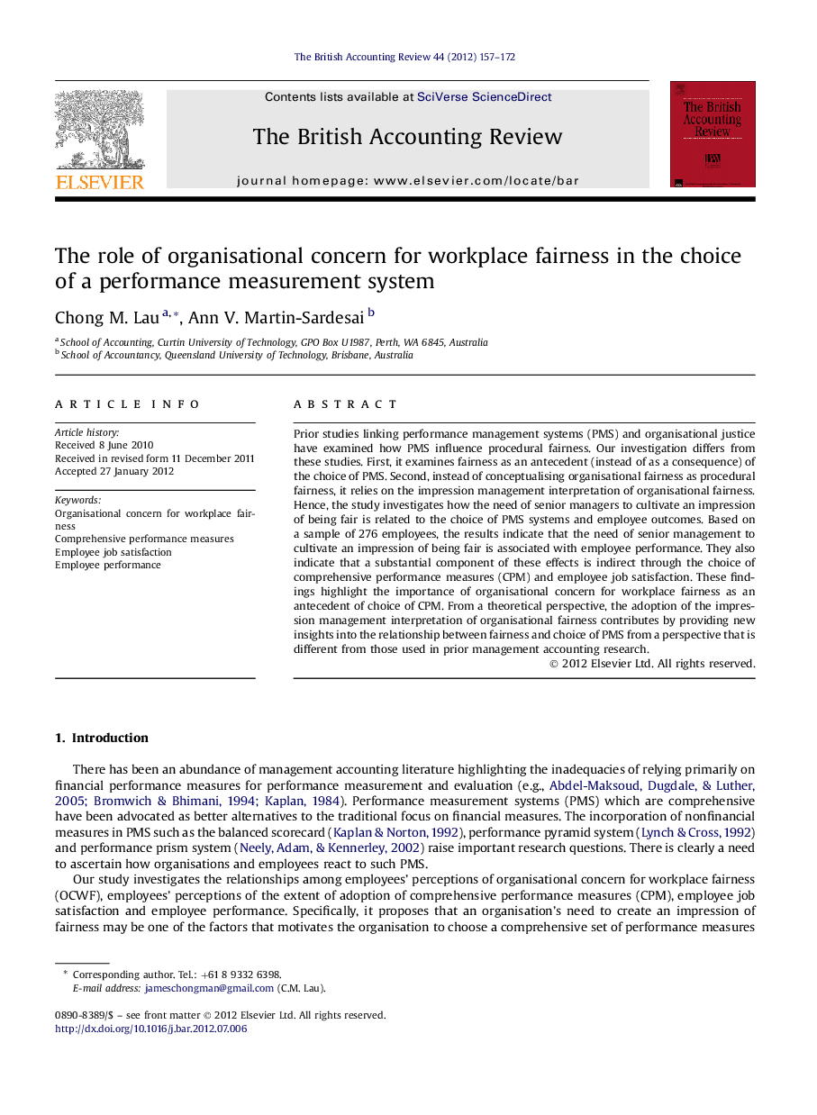 The role of organisational concern for workplace fairness in the choice of a performance measurement system