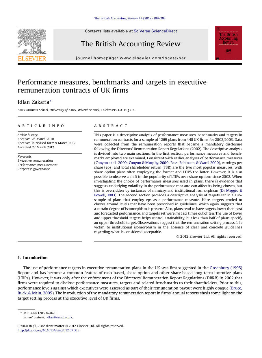 Performance measures, benchmarks and targets in executive remuneration contracts of UK firms