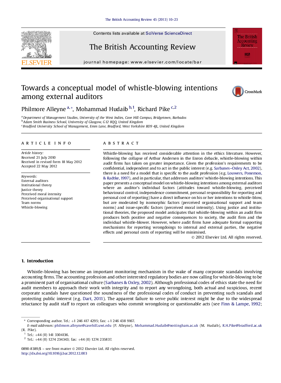 Towards a conceptual model of whistle-blowing intentions among external auditors