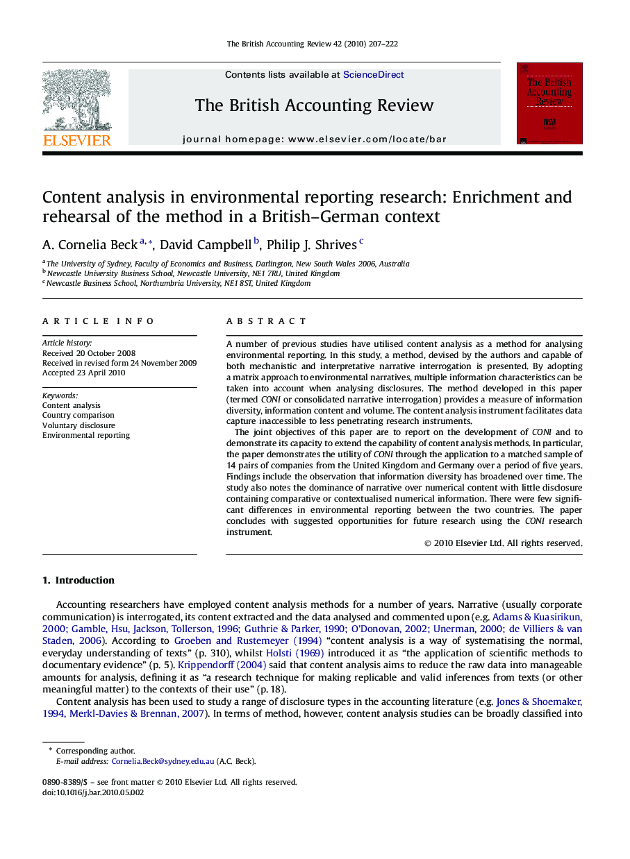 Content analysis in environmental reporting research: Enrichment and rehearsal of the method in a British–German context