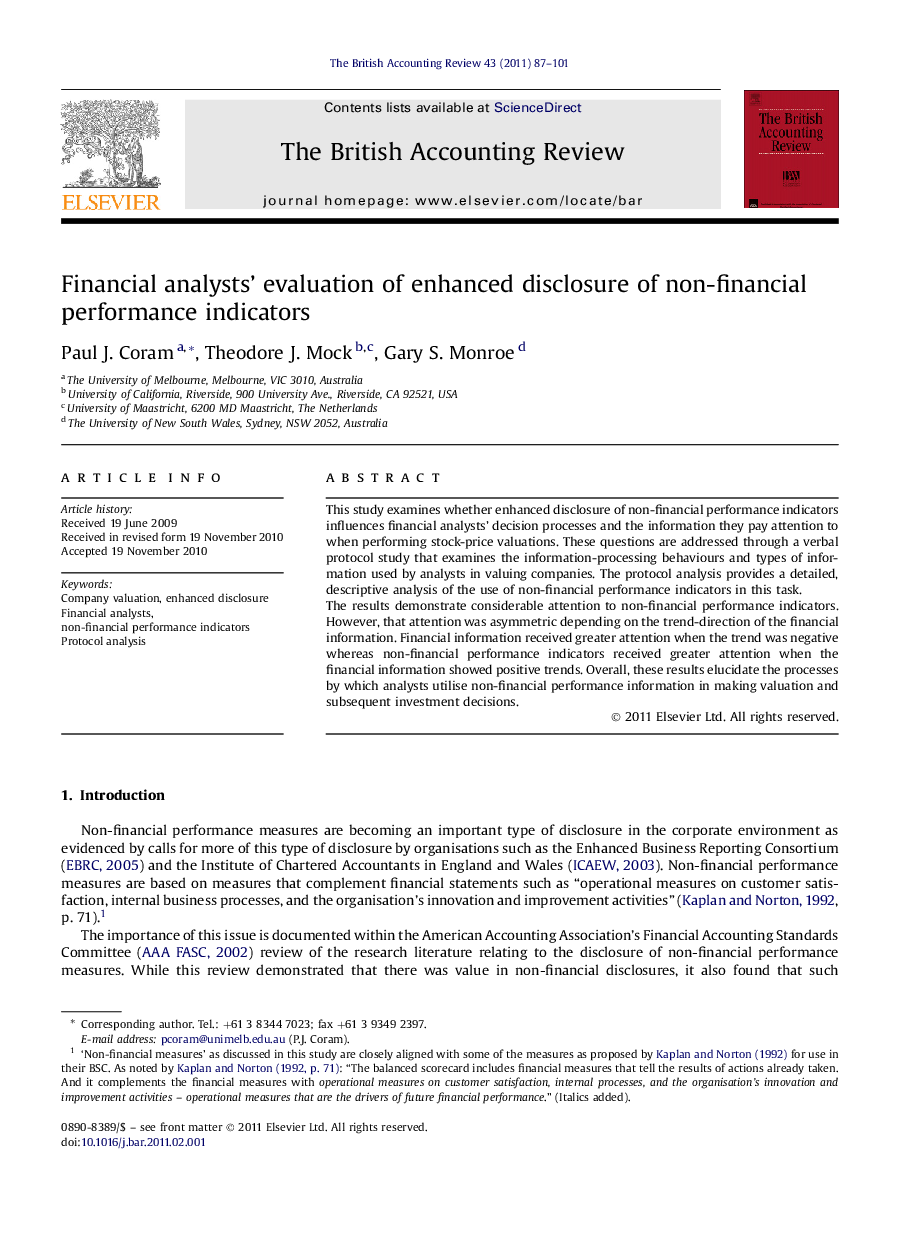 Financial analysts' evaluation of enhanced disclosure of non-financial performance indicators