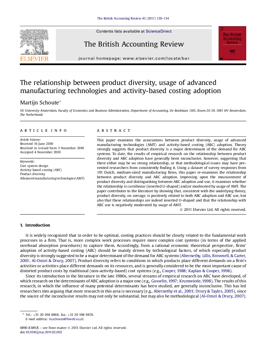 The relationship between product diversity, usage of advanced manufacturing technologies and activity-based costing adoption