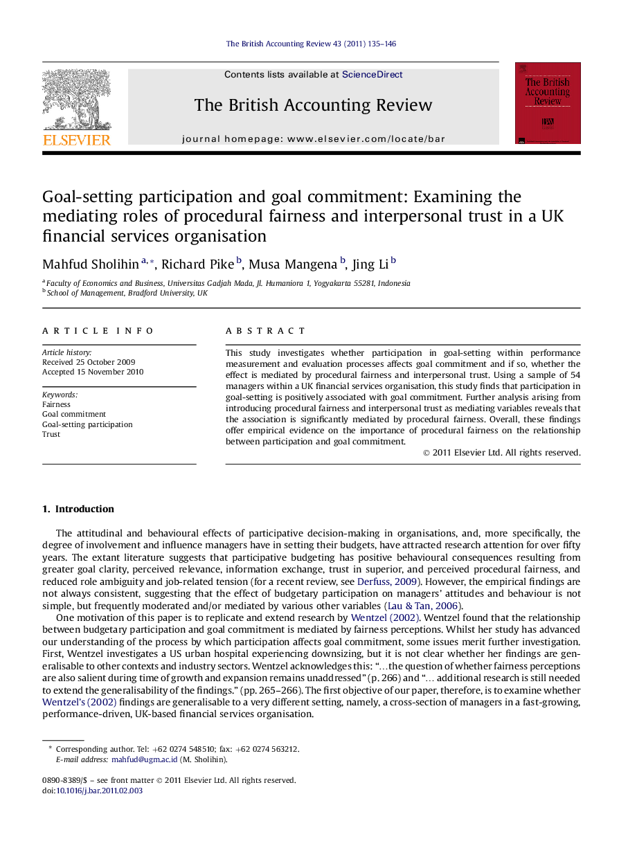 Goal-setting participation and goal commitment: Examining the mediating roles of procedural fairness and interpersonal trust in a UK financial services organisation