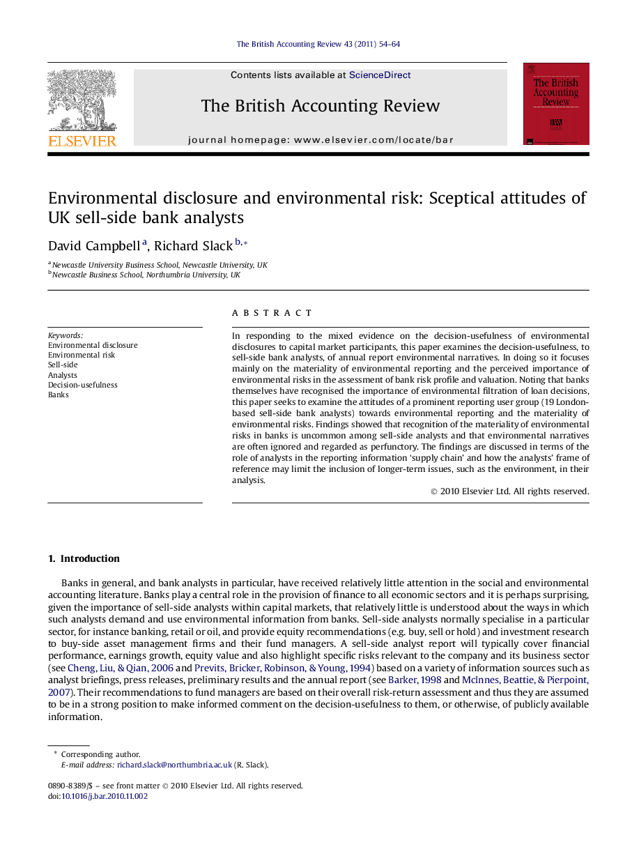 Environmental disclosure and environmental risk: Sceptical attitudes of UK sell-side bank analysts