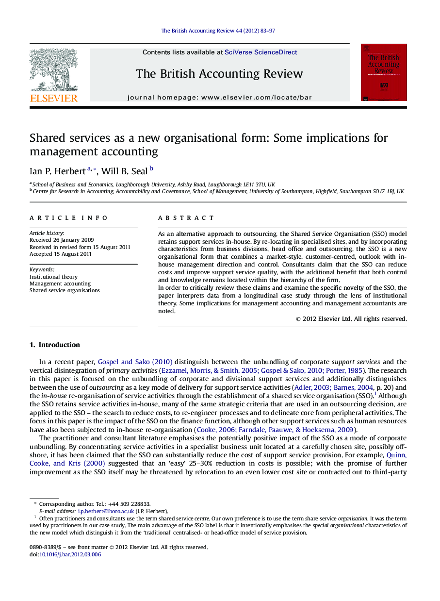 Shared services as a new organisational form: Some implications for management accounting