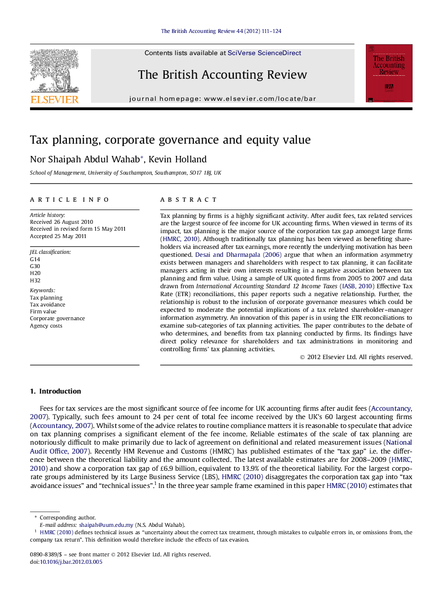 Tax planning, corporate governance and equity value