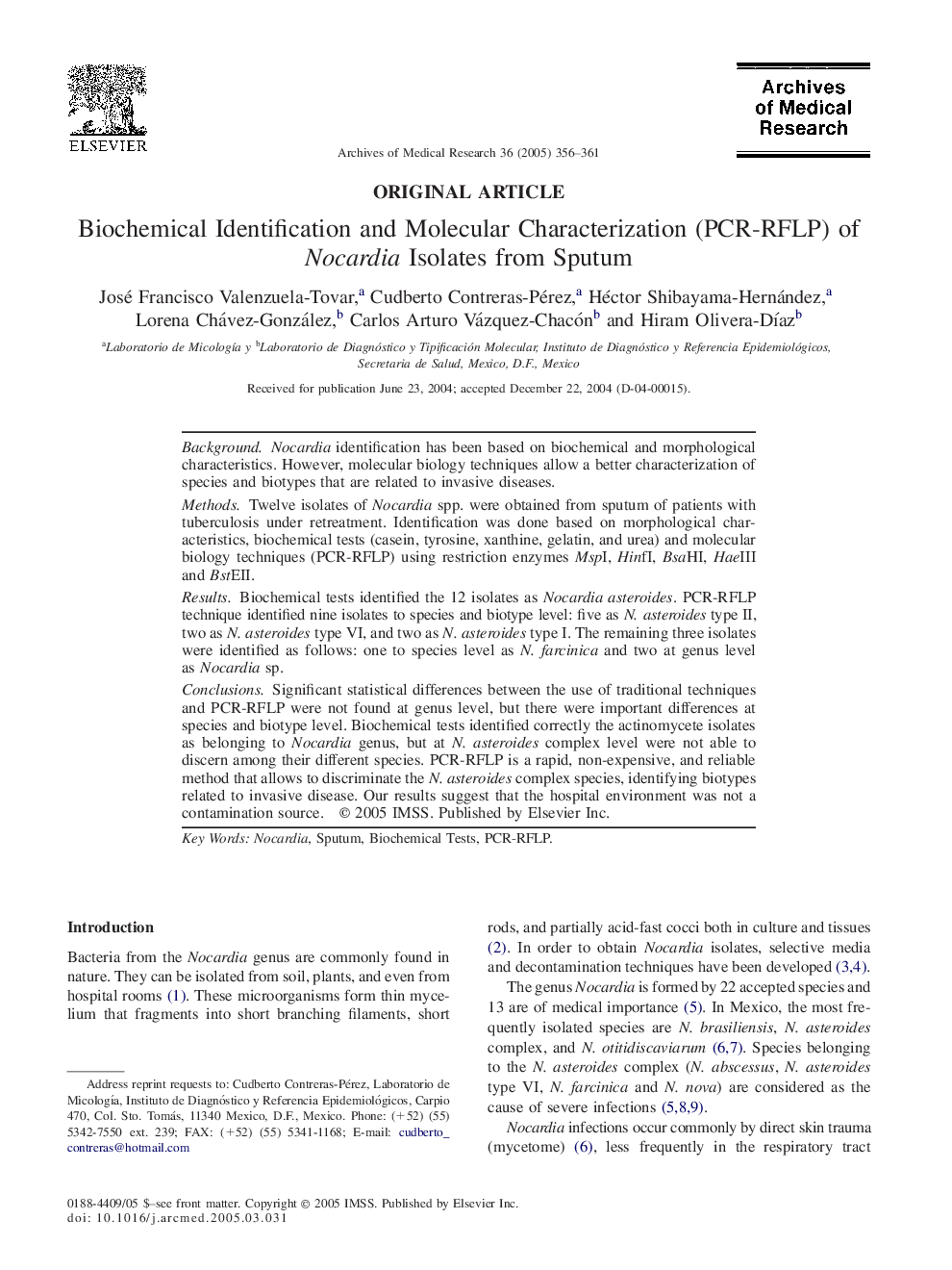 Biochemical Identification and Molecular Characterization (PCR-RFLP) of Nocardia Isolates from Sputum