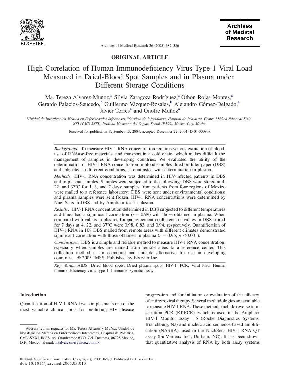 High Correlation of Human Immunodeficiency Virus Type-1 Viral Load Measured in Dried-Blood Spot Samples and in Plasma under Different Storage Conditions