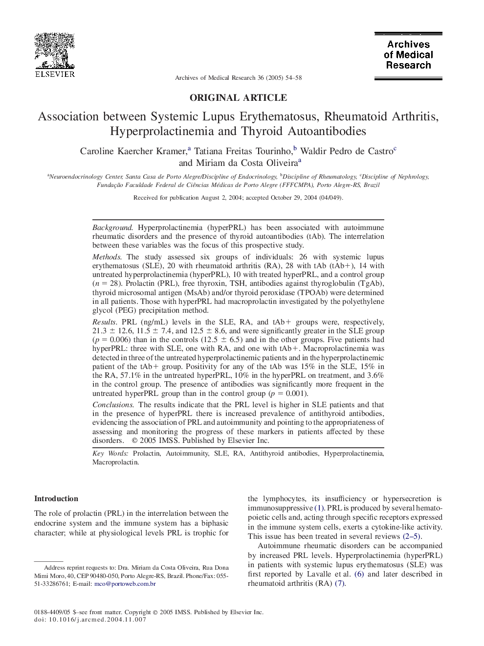 Association between Systemic Lupus Erythematosus, Rheumatoid Arthritis, Hyperprolactinemia and Thyroid Autoantibodies