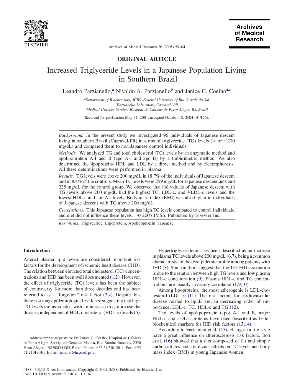 Increased Triglyceride Levels in a Japanese Population Living in Southern Brazil