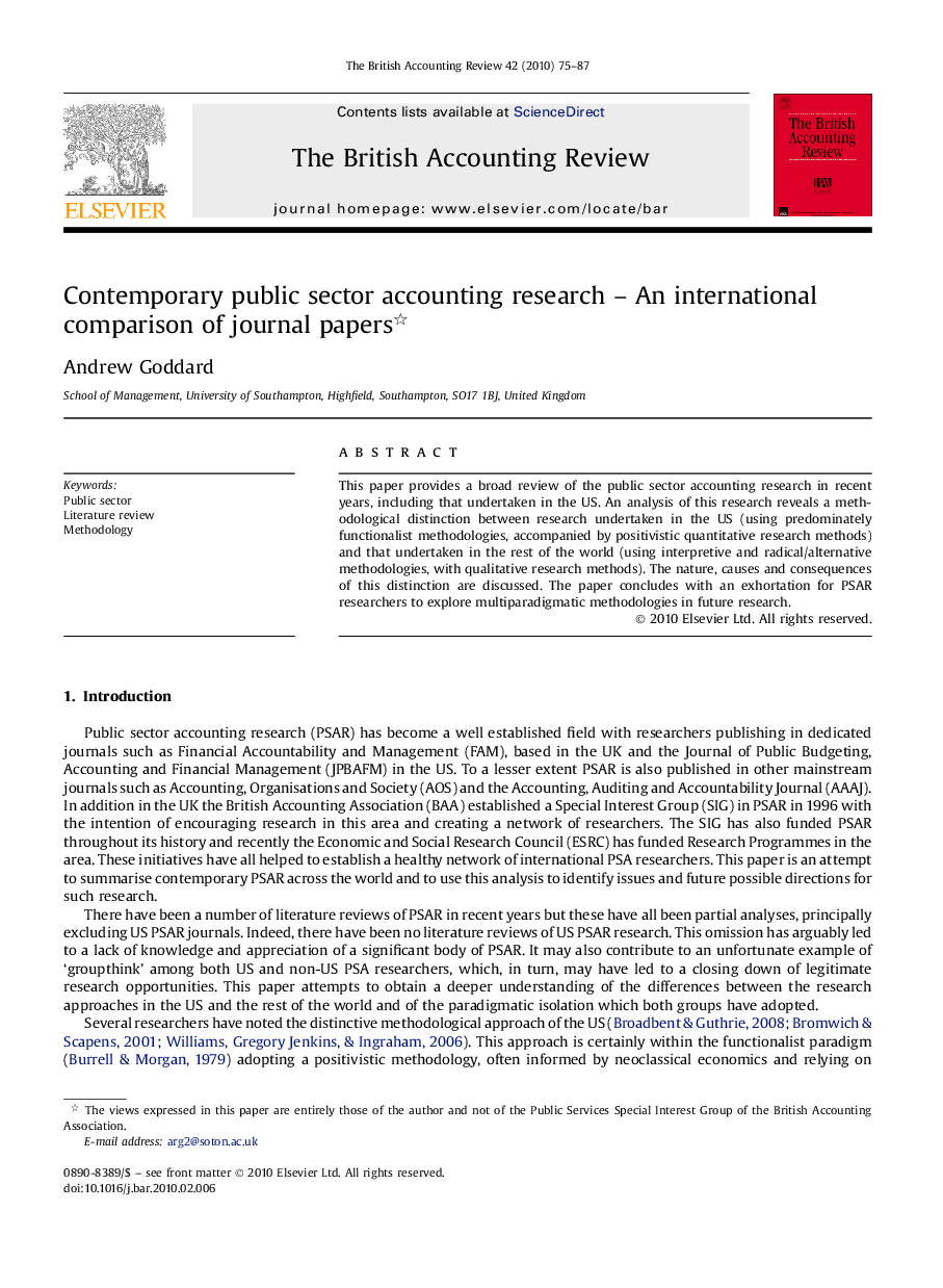 Contemporary public sector accounting research – An international comparison of journal papers 