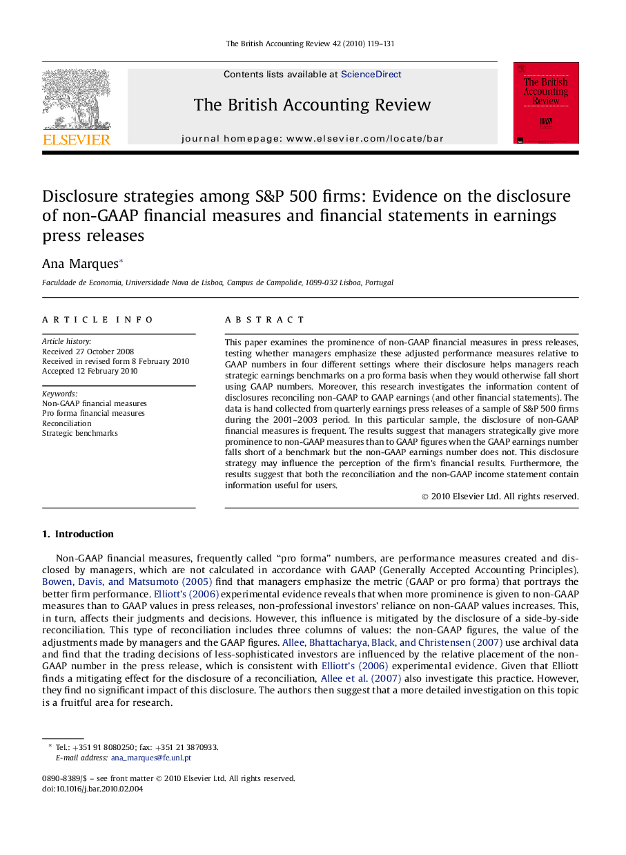 Disclosure strategies among S&P 500 firms: Evidence on the disclosure of non-GAAP financial measures and financial statements in earnings press releases