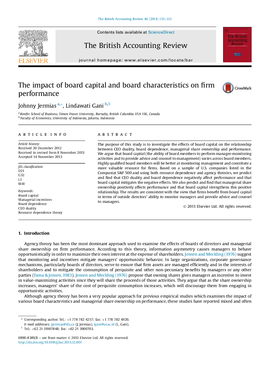 The impact of board capital and board characteristics on firm performance