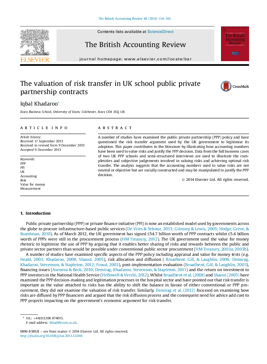 The valuation of risk transfer in UK school public private partnership contracts