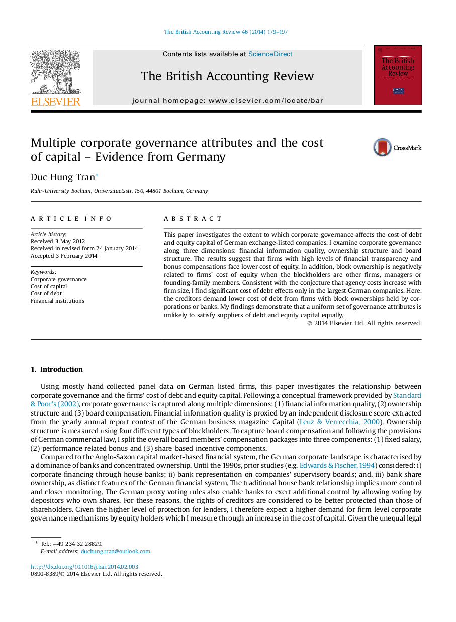 Multiple corporate governance attributes and the cost of capital – Evidence from Germany