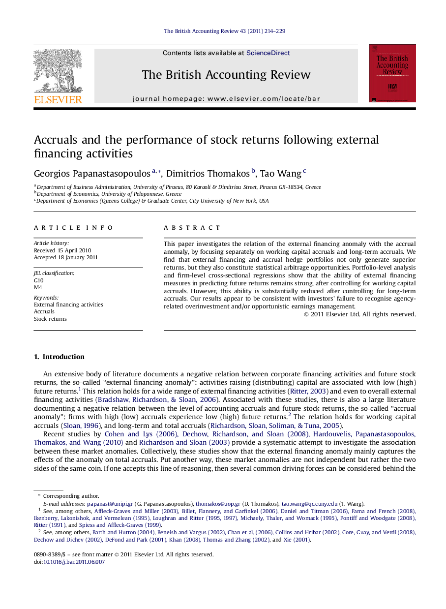 Accruals and the performance of stock returns following external financing activities