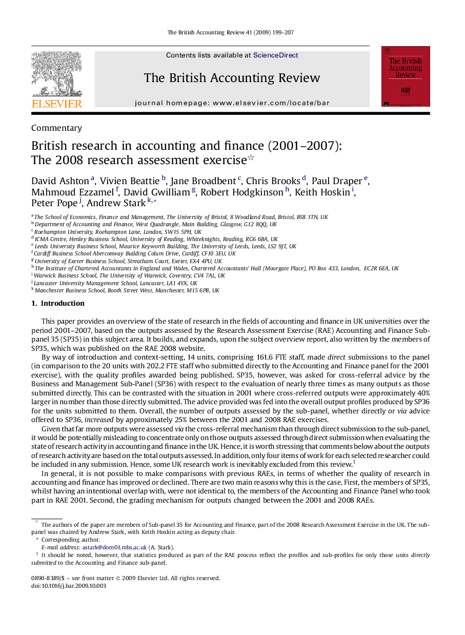 British research in accounting and finance (2001-2007): The 2008 research assessment exercise