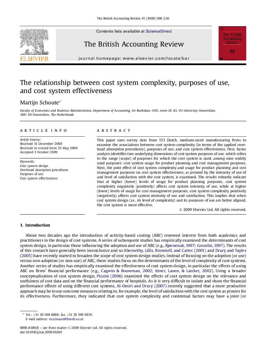 The relationship between cost system complexity, purposes of use, and cost system effectiveness