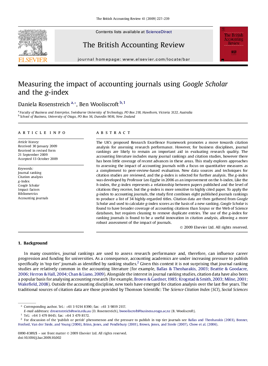 Measuring the impact of accounting journals using Google Scholar and the g-index