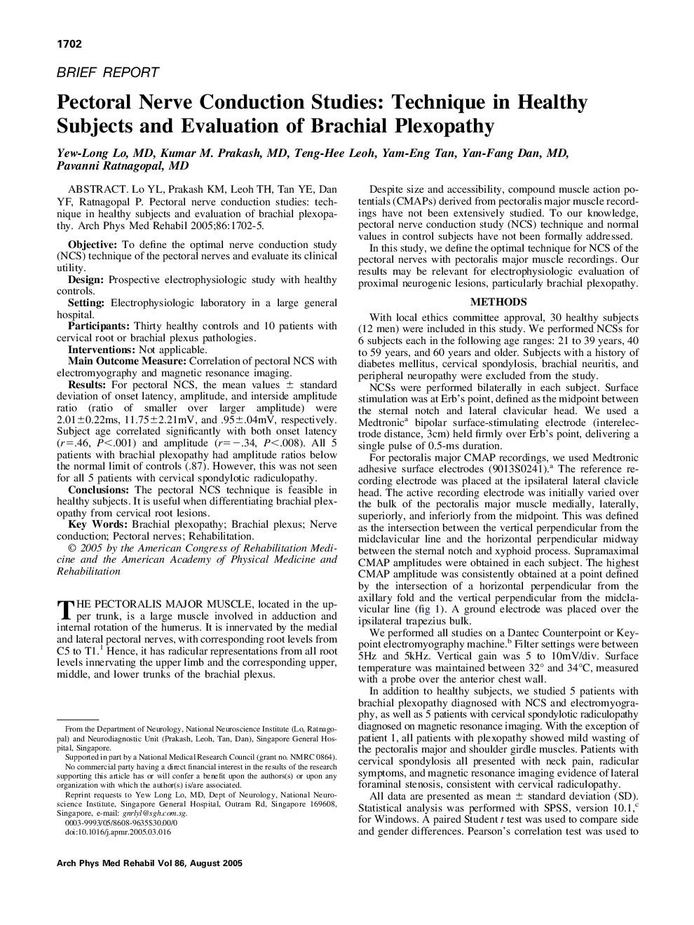 Pectoral Nerve Conduction Studies: Technique in Healthy Subjects and Evaluation of Brachial Plexopathy