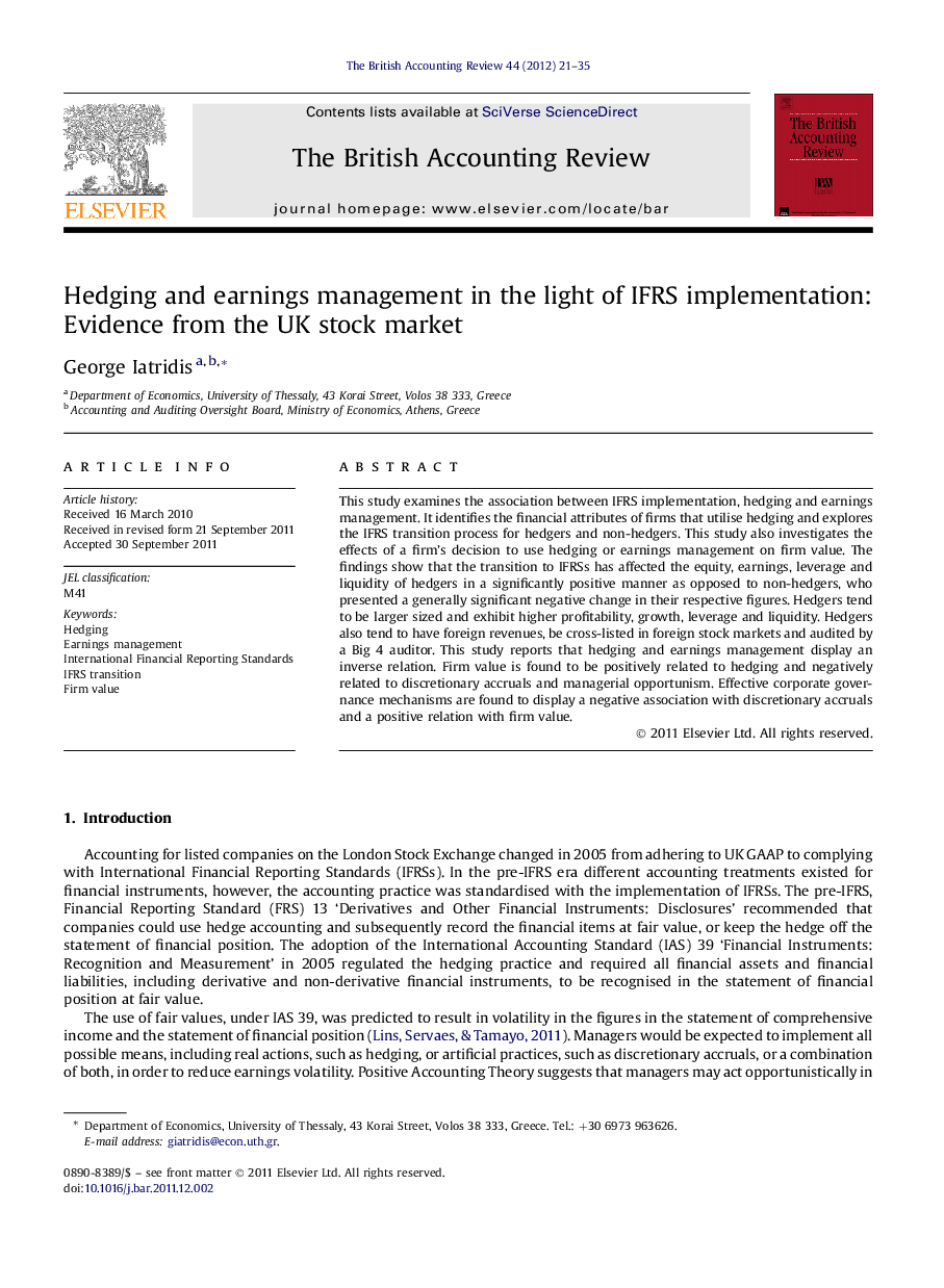 Hedging and earnings management in the light of IFRS implementation: Evidence from the UK stock market