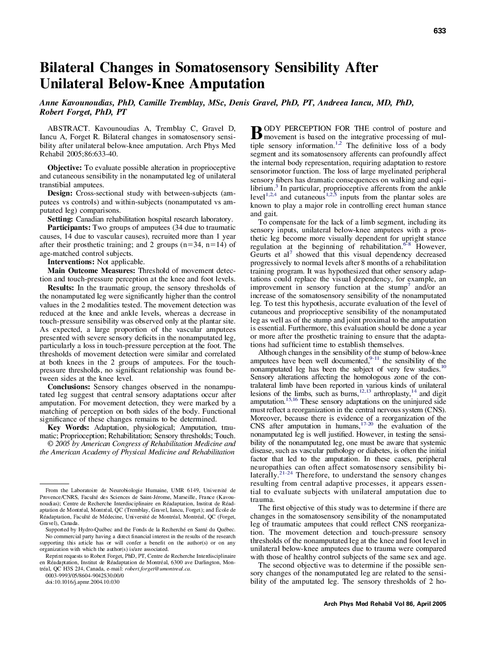 Bilateral changes in somatosensory sensibility after unilateral below-knee amputation