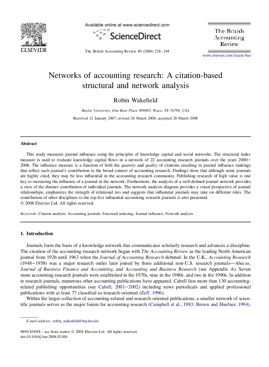 Networks of accounting research: A citation-based structural and network analysis