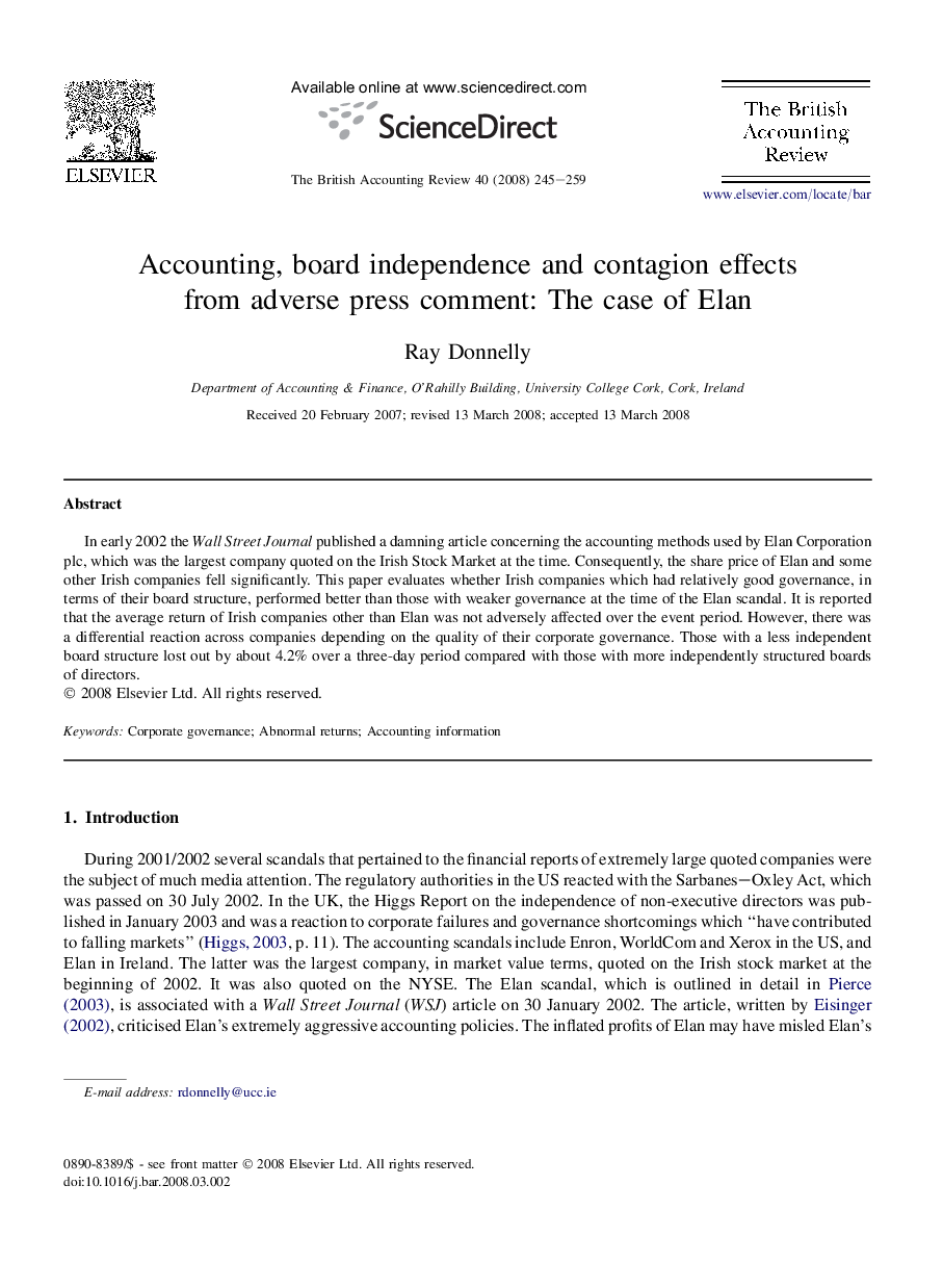 Accounting, board independence and contagion effects from adverse press comment: The case of Elan