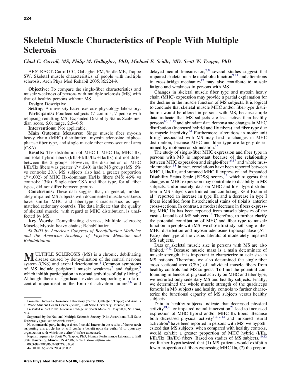 Skeletal muscle characteristics of people with multiple sclerosis