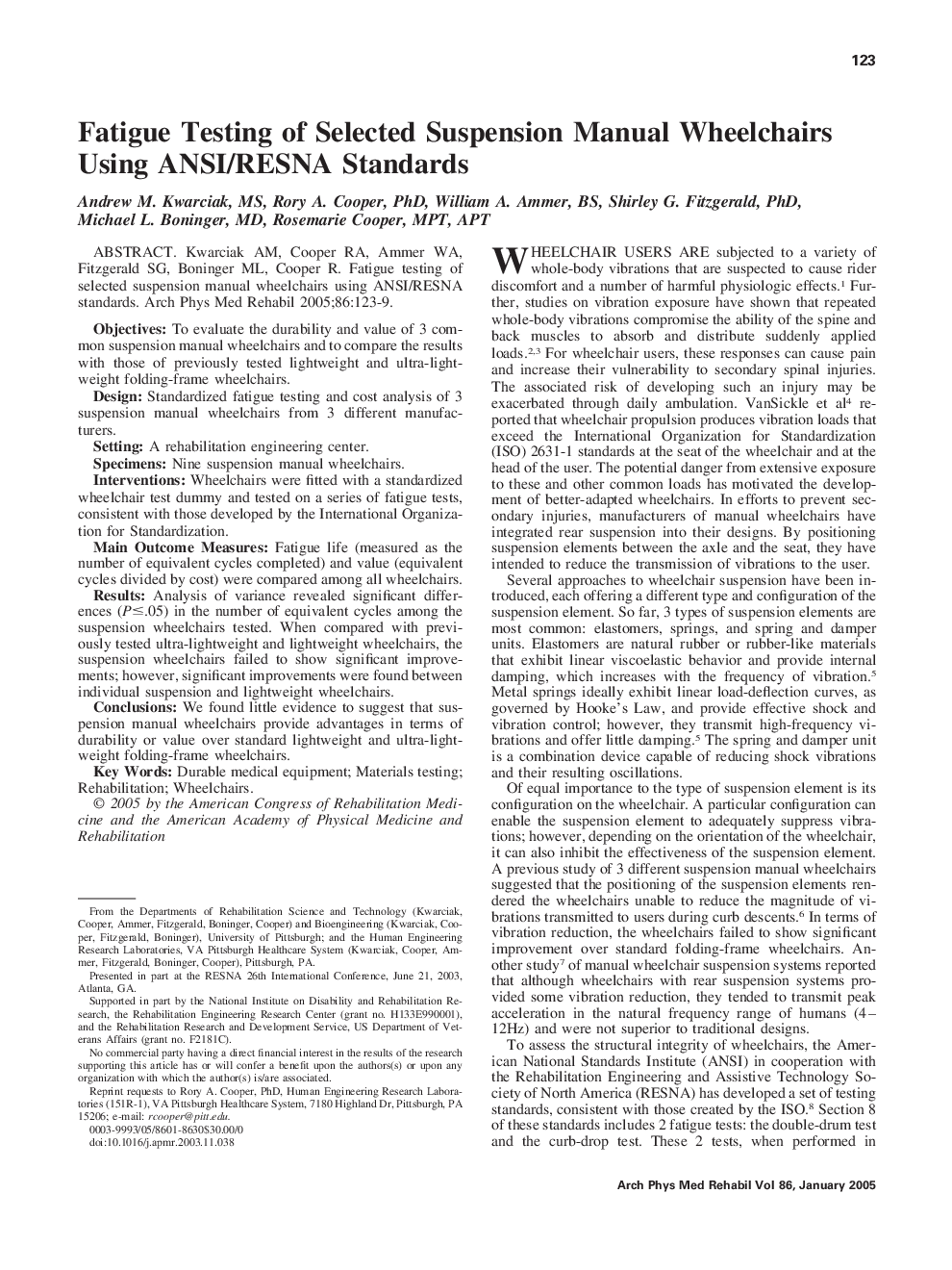 Fatigue testing of selected suspension manual wheelchairs using ANSI/RESNA standards