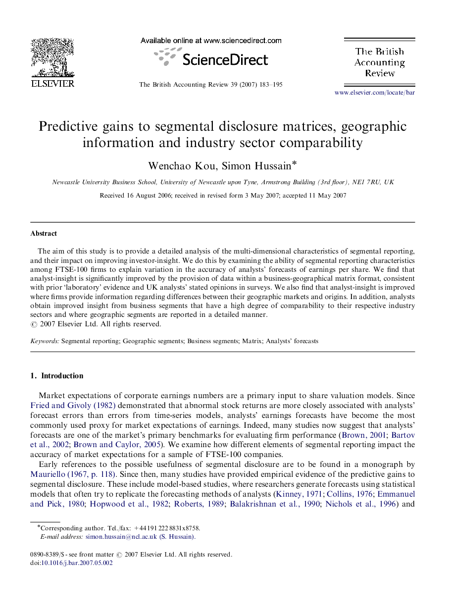 Predictive gains to segmental disclosure matrices, geographic information and industry sector comparability