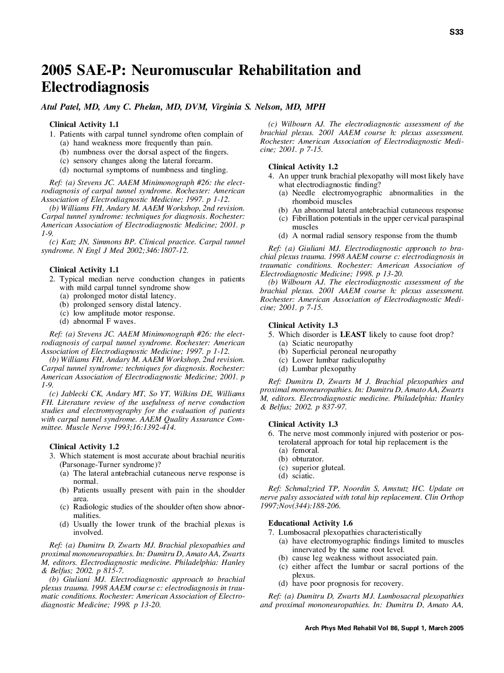 2005 SAE-P: Neuromuscular rehabilitation and electrodiagnosis