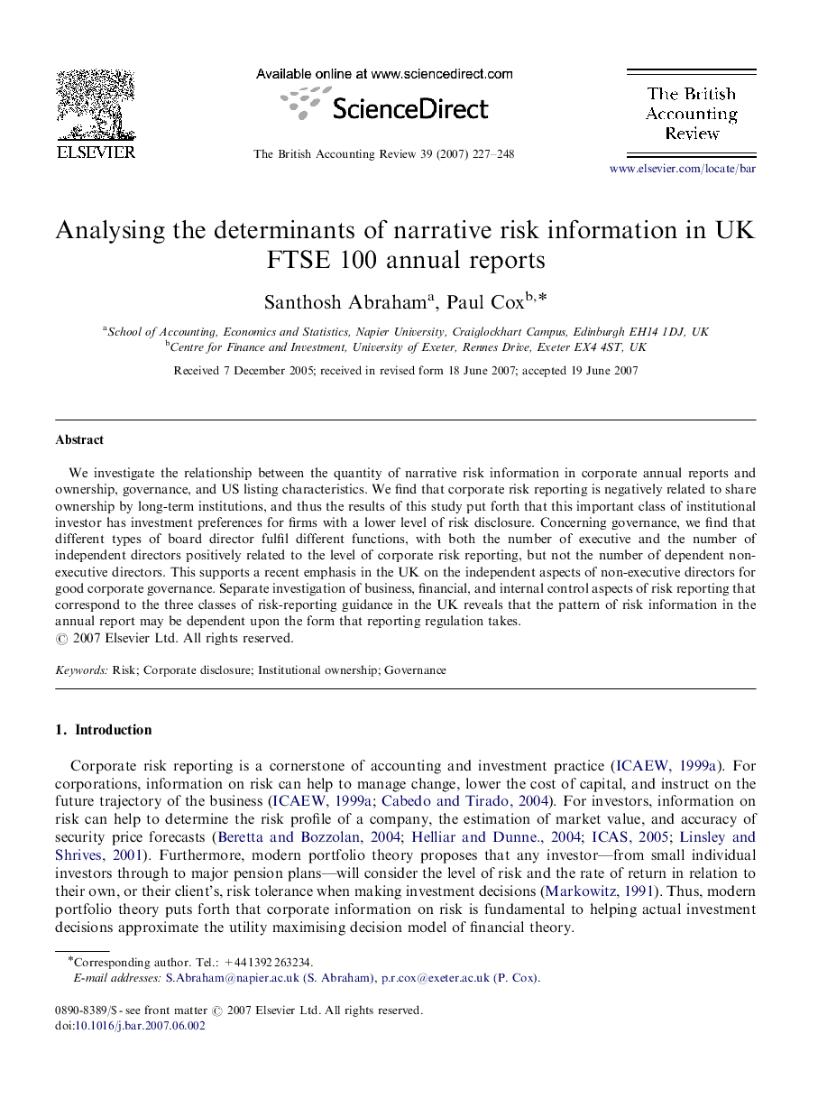 Analysing the determinants of narrative risk information in UK FTSE 100 annual reports