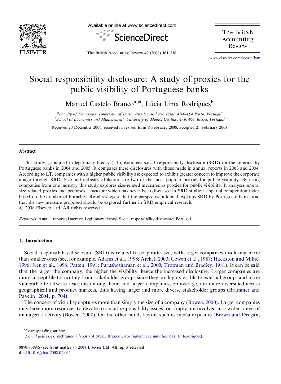 Social responsibility disclosure: A study of proxies for the public visibility of Portuguese banks