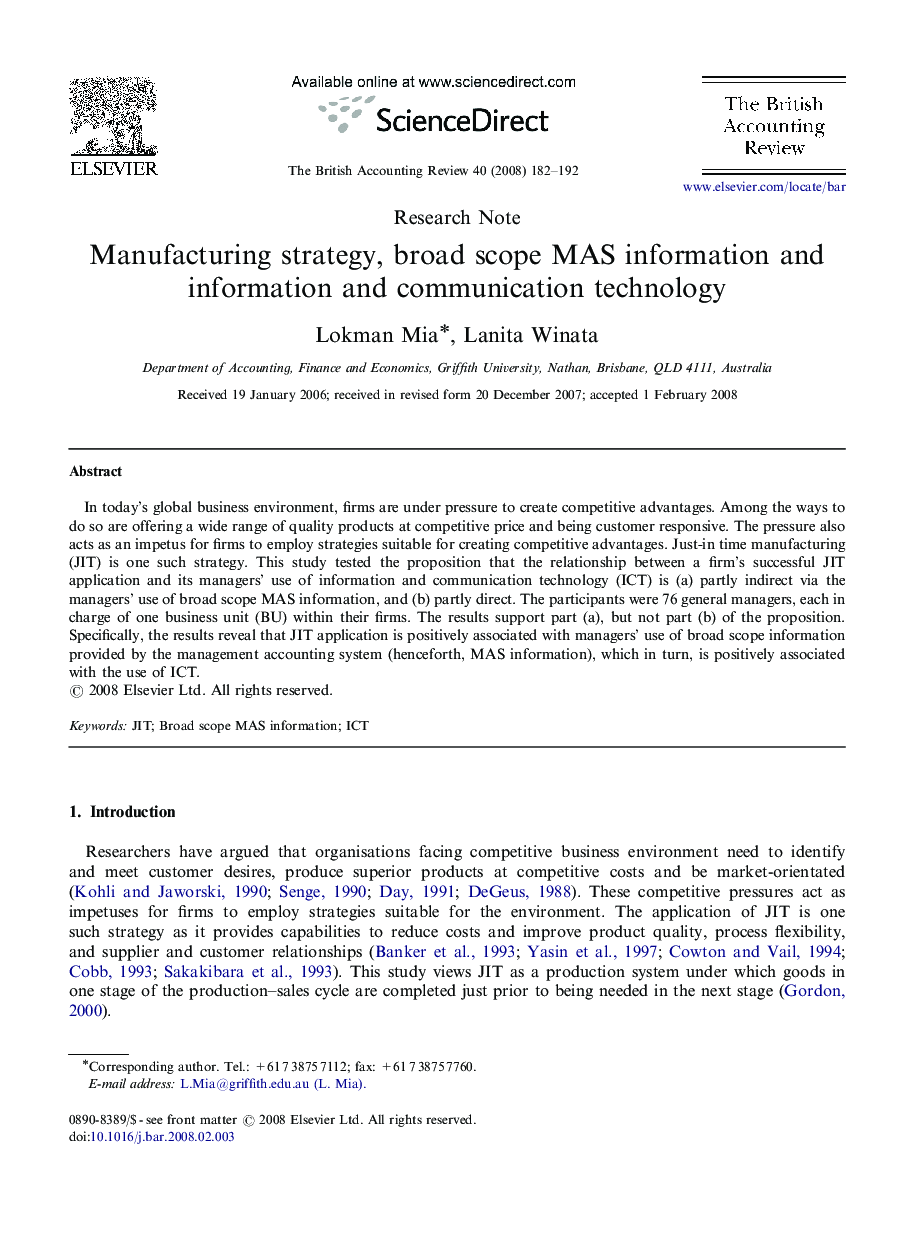 Manufacturing strategy, broad scope MAS information and information and communication technology