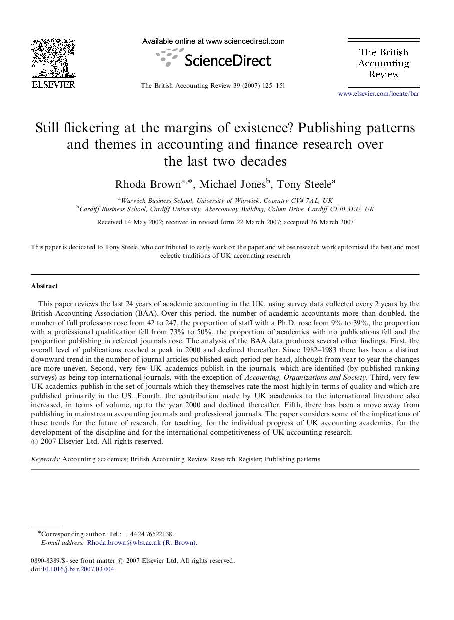 Still flickering at the margins of existence? Publishing patterns and themes in accounting and finance research over the last two decades