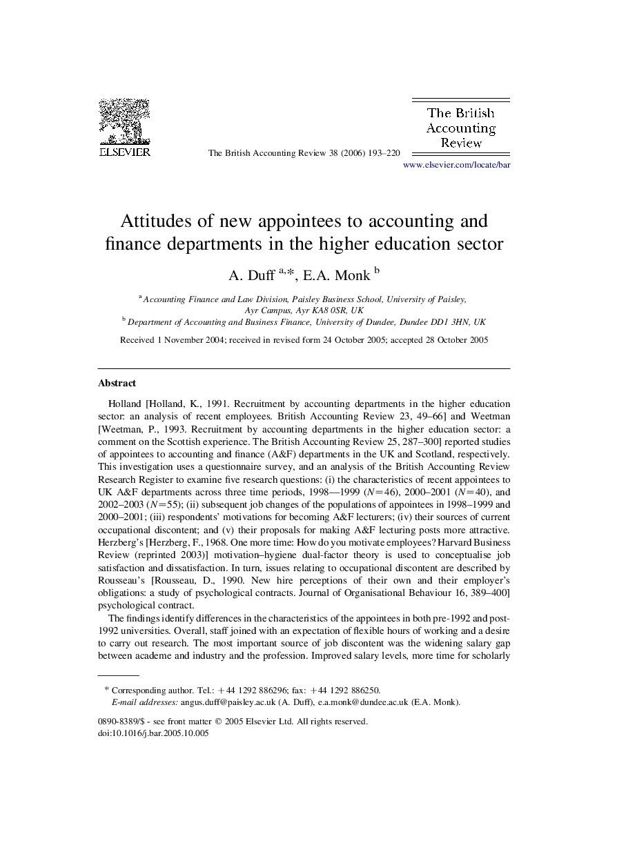 Attitudes of new appointees to accounting and finance departments in the higher education sector