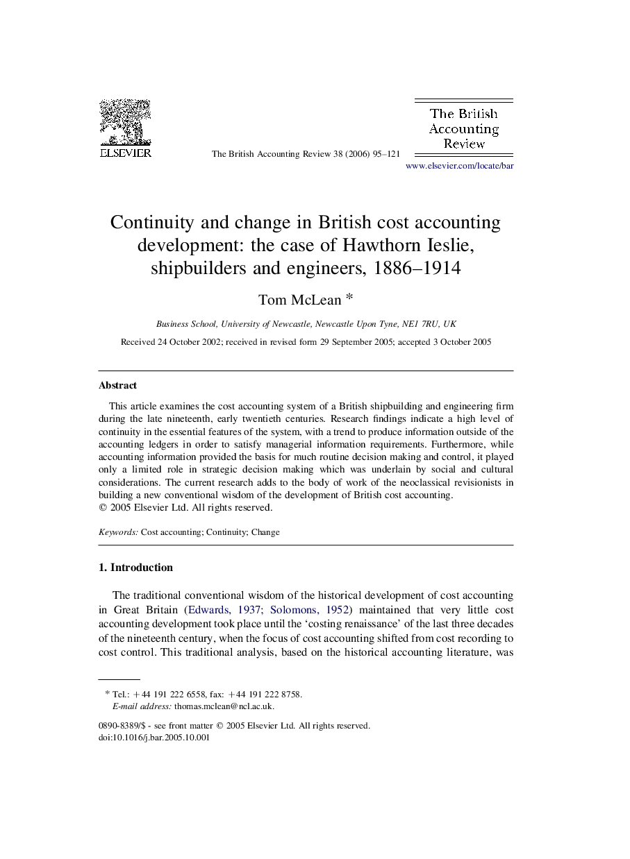 Continuity and change in British cost accounting development: the case of Hawthorn Ieslie, shipbuilders and engineers, 1886-1914