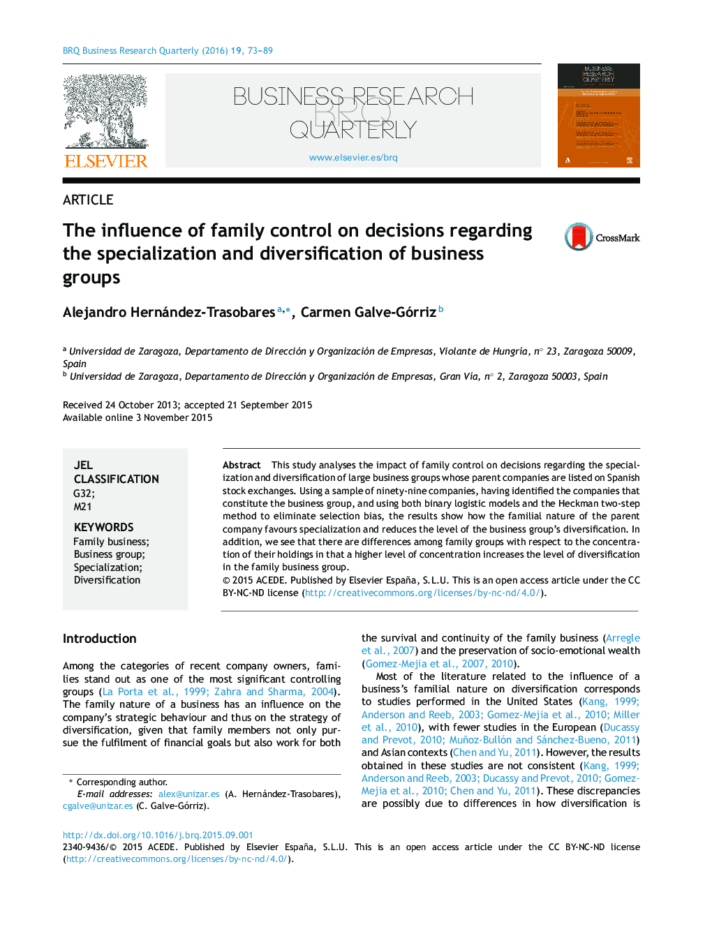 The influence of family control on decisions regarding the specialization and diversification of business groups