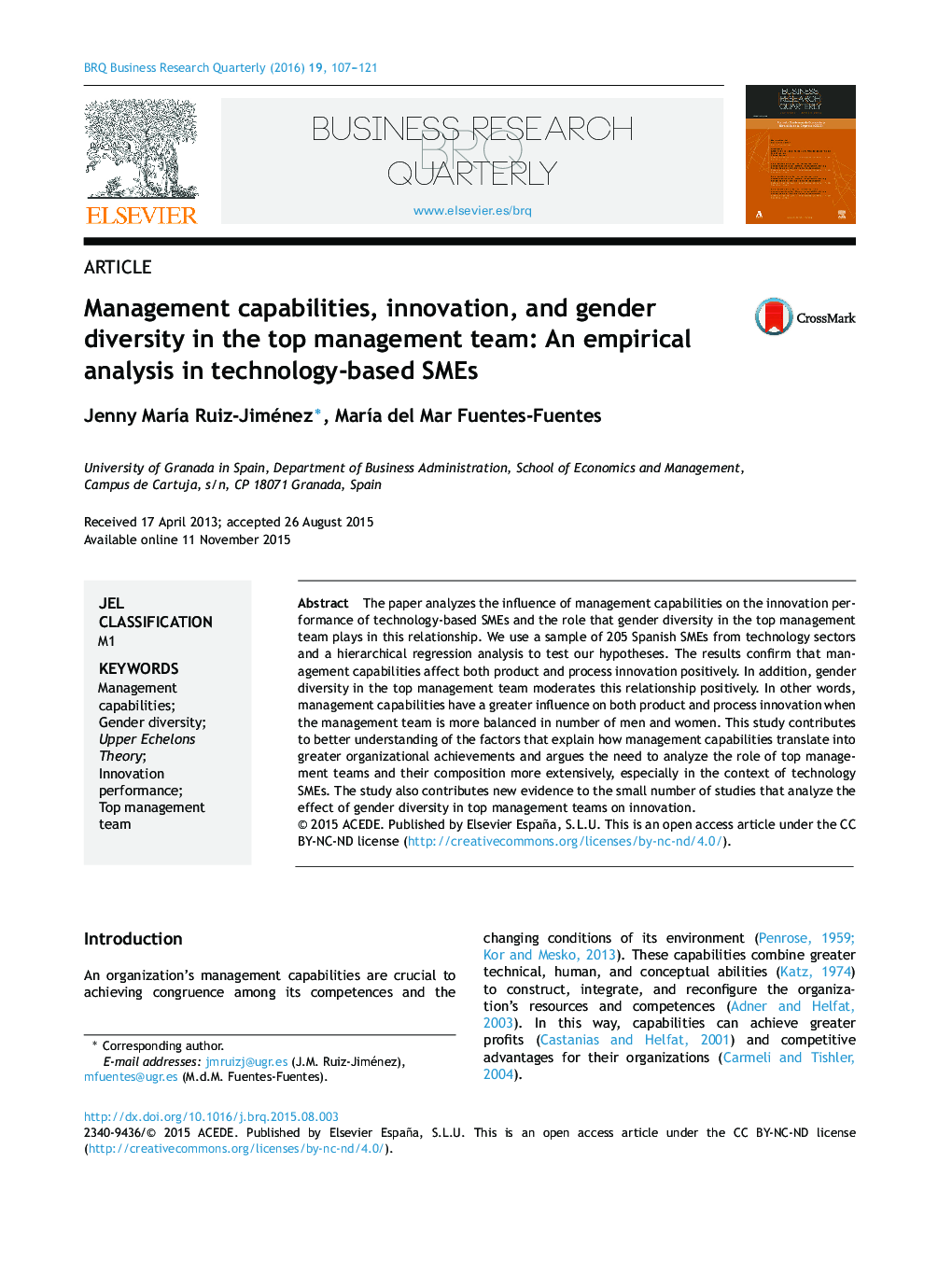 Management capabilities, innovation, and gender diversity in the top management team: An empirical analysis in technology-based SMEs