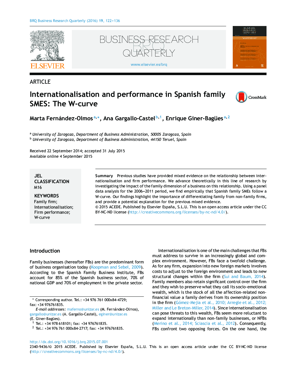 بین المللی کردن و عملکرد در SMES های خانوادگی اسپانیایی : منحنی W 