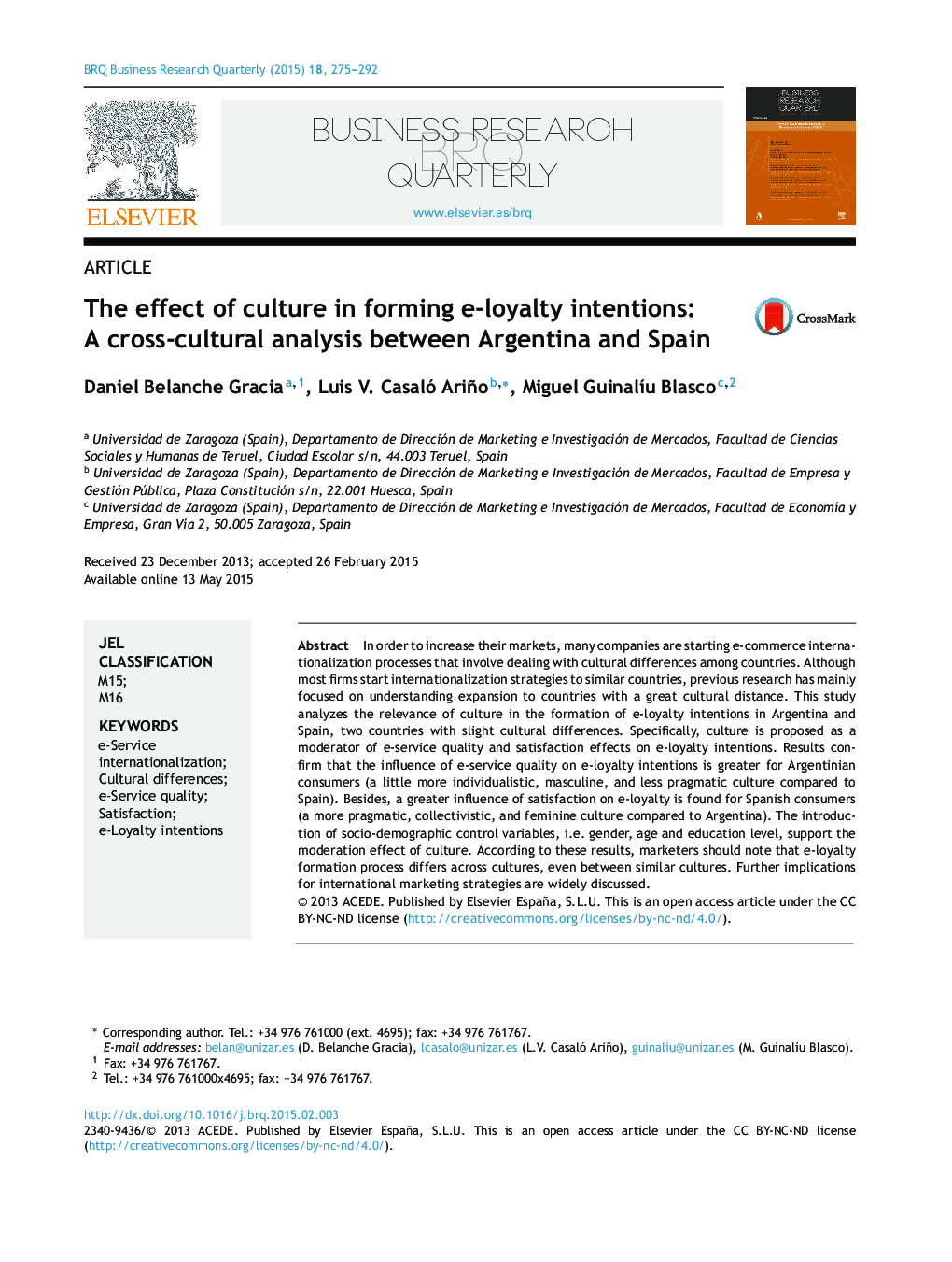 The effect of culture in forming e-loyalty intentions: A cross-cultural analysis between Argentina and Spain